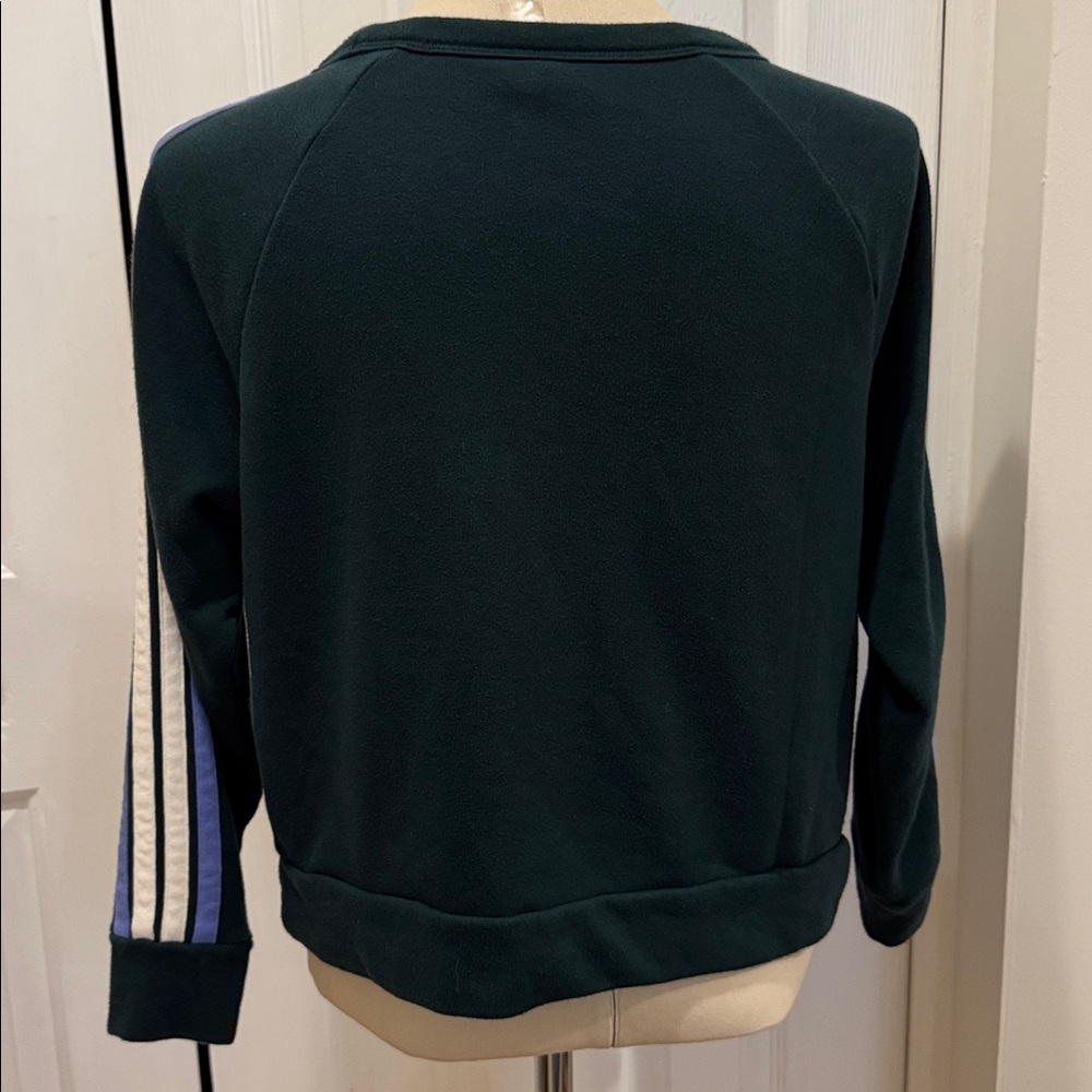 Lou & Grey XS Cropped Sweatshirt Dark Green Blue Stripe Sleeve Pullover LOFT - Picture 3 of 9